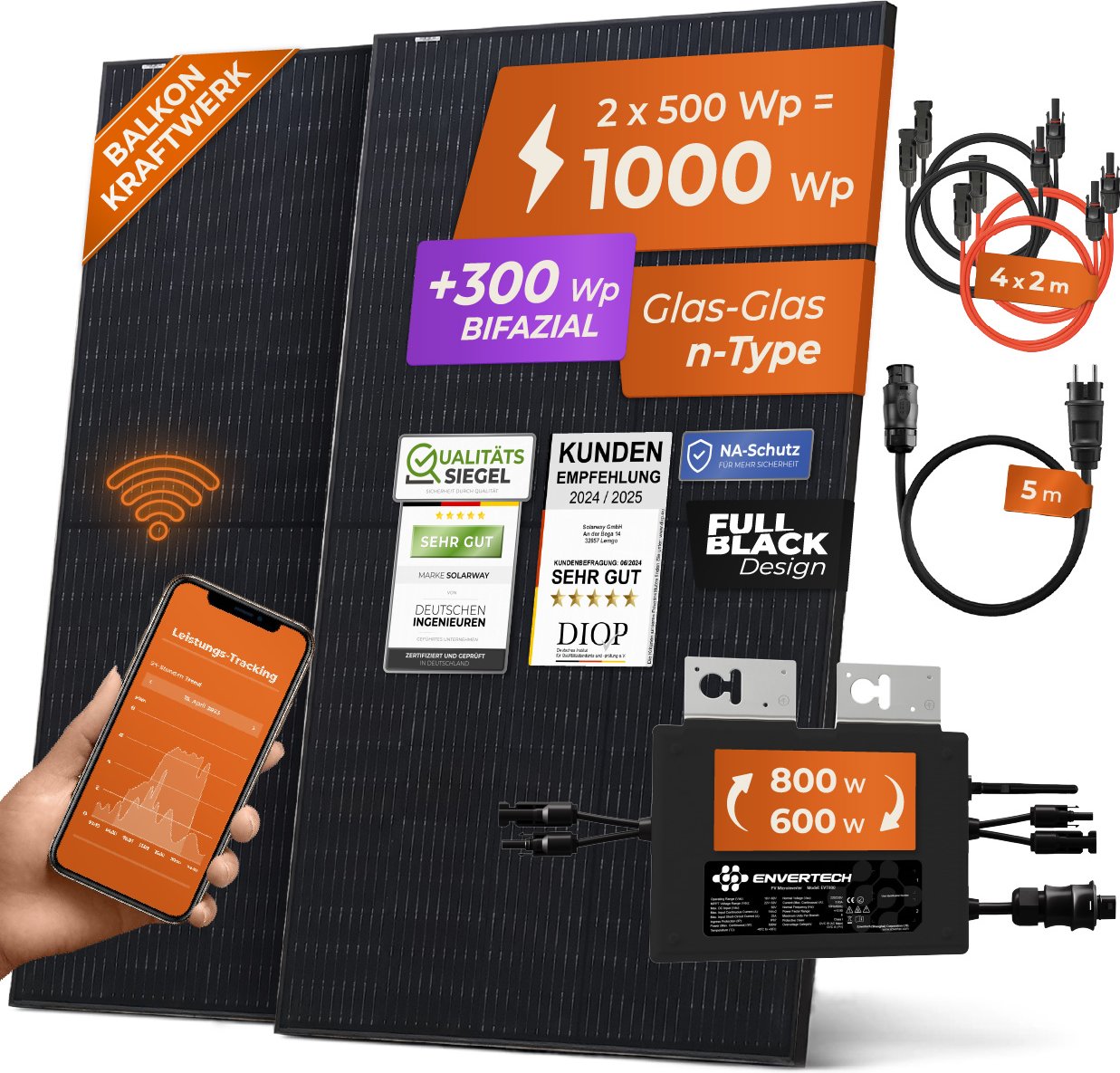 Thumbnail - SOLARWAY Balkonkraftwerk 1000 Watt | Envertech 800 Watt | Bifazial inkl. App & WiFi | Komplett