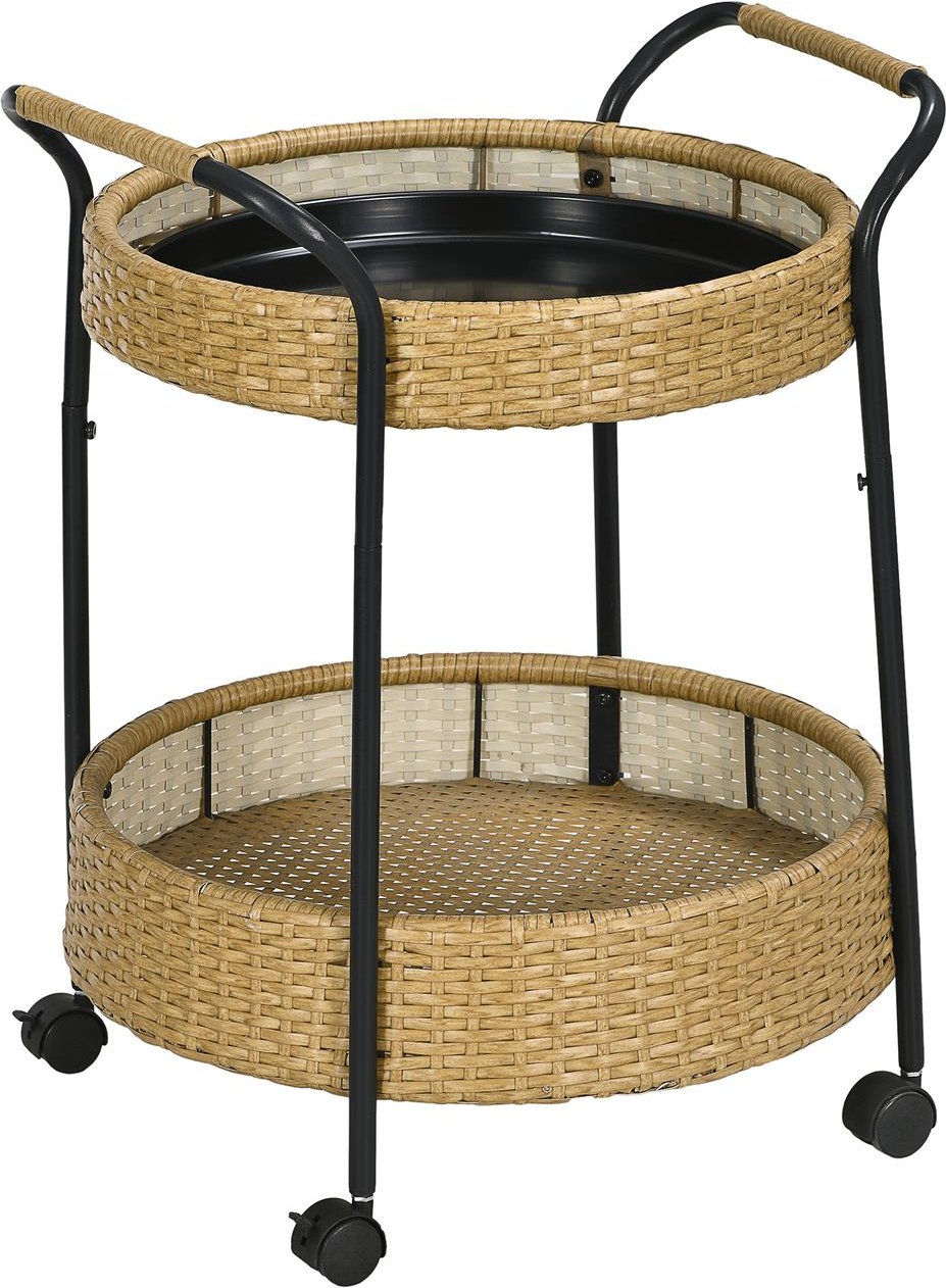 Servierwagen Rattan Gartenrollwagen Trolley mit 2 Regalen Natur