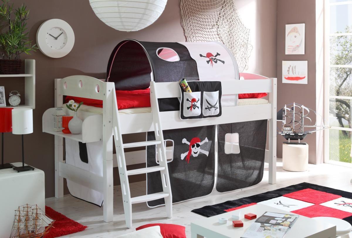 Hochbett "Kenny R" Kiefer weiß "Pirat schwarz-weiß"