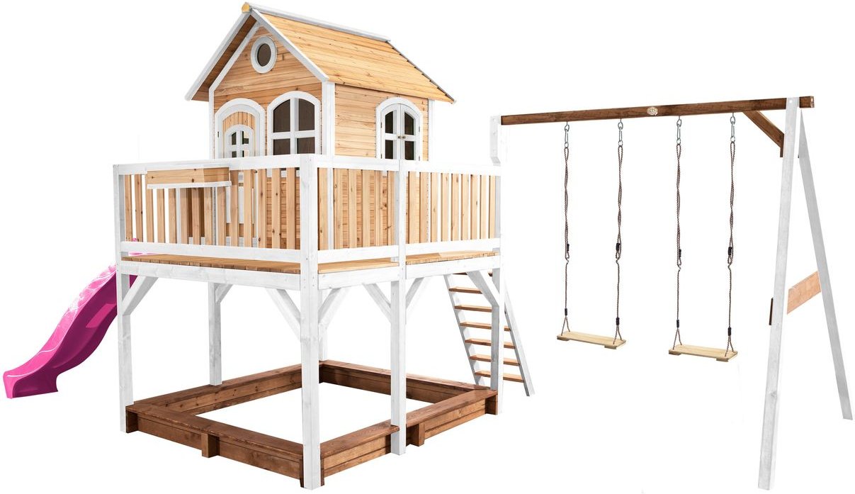 Liam Spielhaus mit Doppelschaukel Braun/Weiß - Lila Rutsche