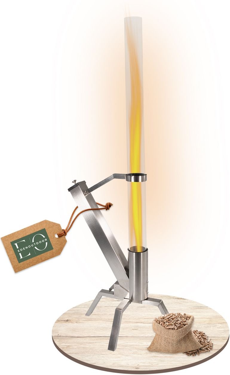 Pelletfackel Edelstahl, Feuerrohr mit Glasröhre, Feuersäule 75 Min. Brenndauer