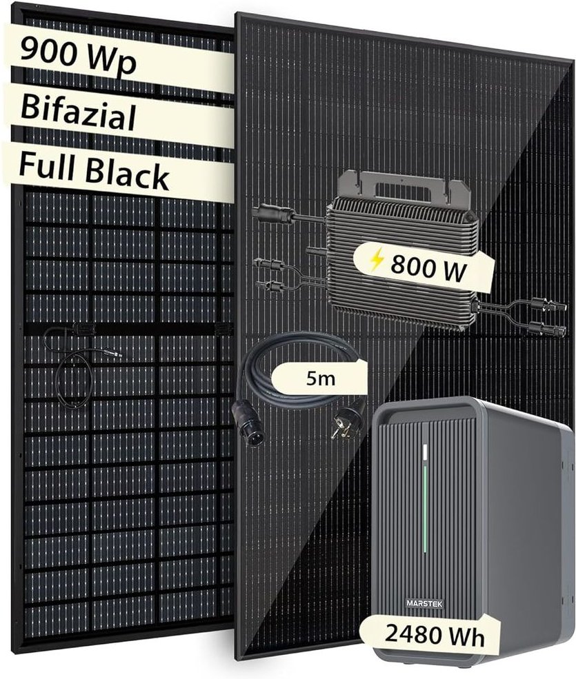 Thumbnail - VALE Balkonkraftwerk 900W mit Speicher, 2x 450W Bifazial, Marstek M2-800, Marstek B2500, 3m Kabel