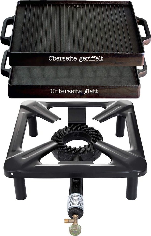 Hockerkocher mit quadratischer Gussgrillplatte 38x38 cm - ideal für Camping und Freizeit