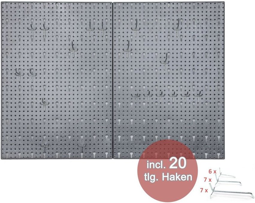 Hakenwand bestehend aus 2 Lochwandblechen mit 20 Lochwandhaken
