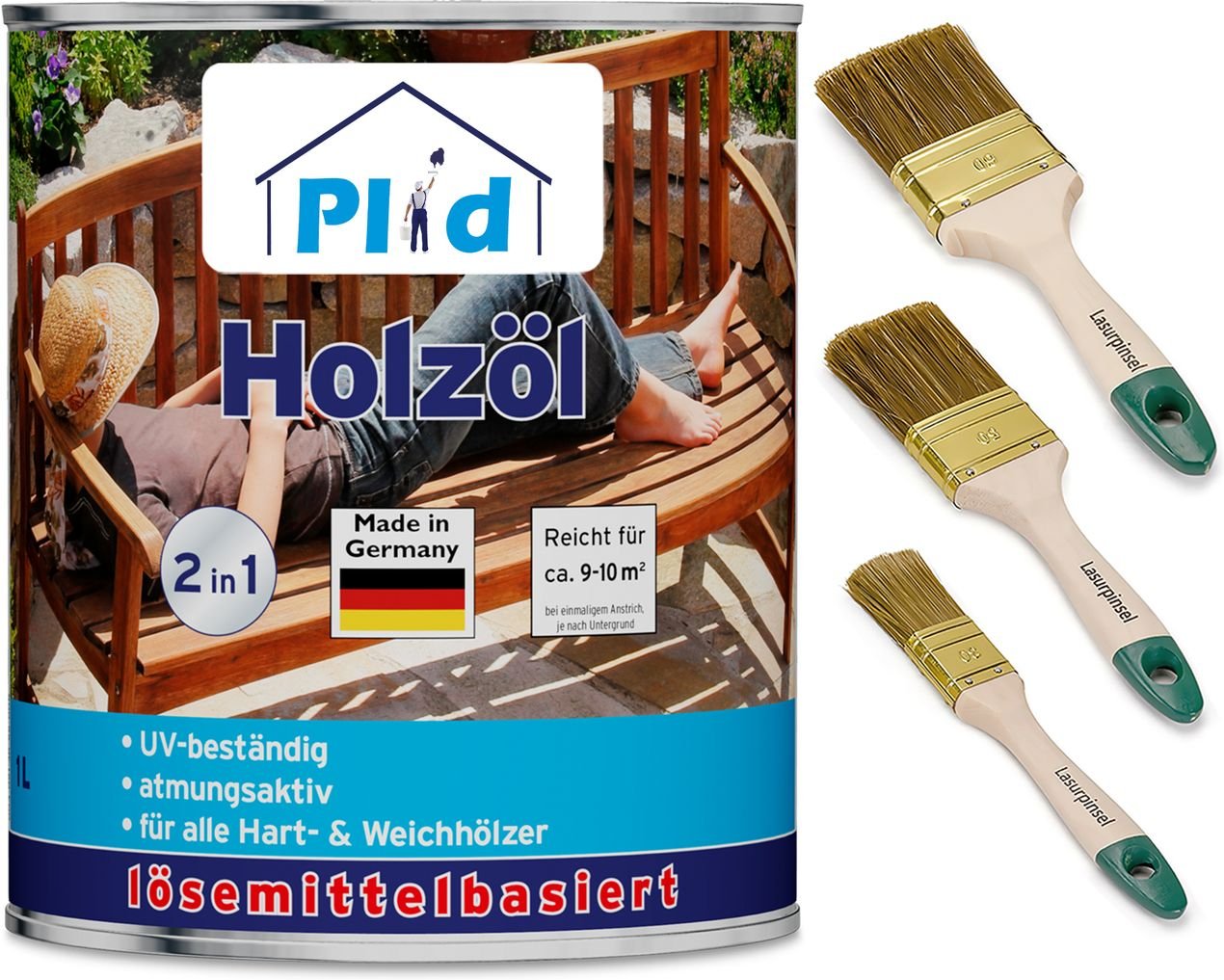 Thumbnail - Holzöl 1L Teak - für ca. 10m² + Pinselset 3-tlg /Holzschutz Pflegeöl Gartenmöbel