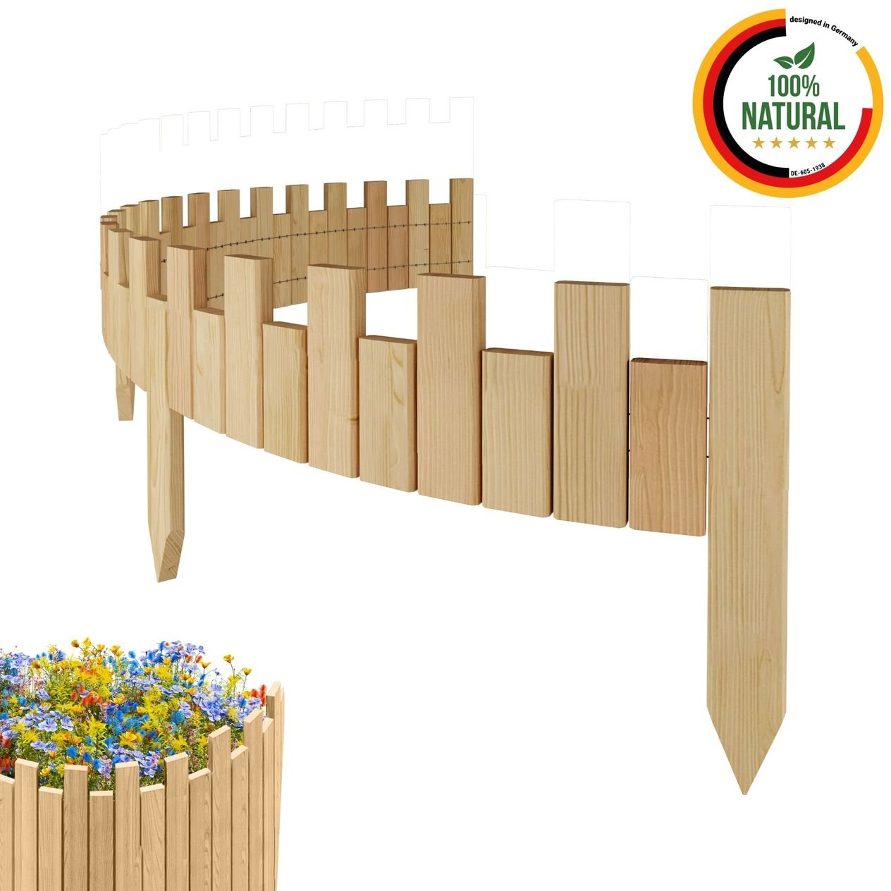 Beeteinfassung 200 x 15 cm Natur Holz Rollzaun Holzzaun Rasenkante Palisade Beetumrandung