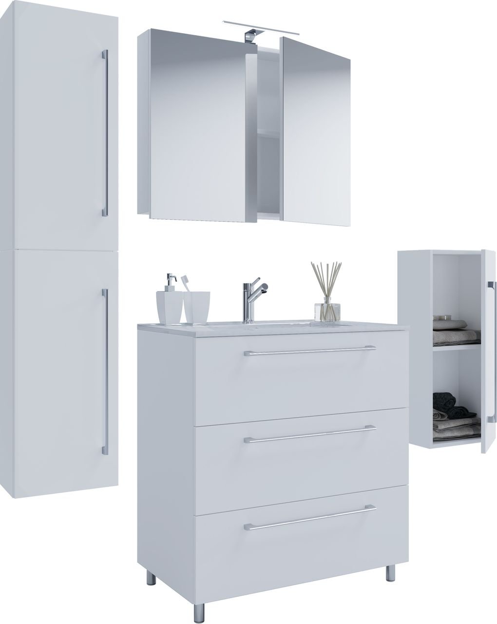 5-tlg. Stand-Waschplatz "Badinos 3 Schubfächer" 80 cm | Mit Spiegelschrank + Midi-/Hochschrank Weiß