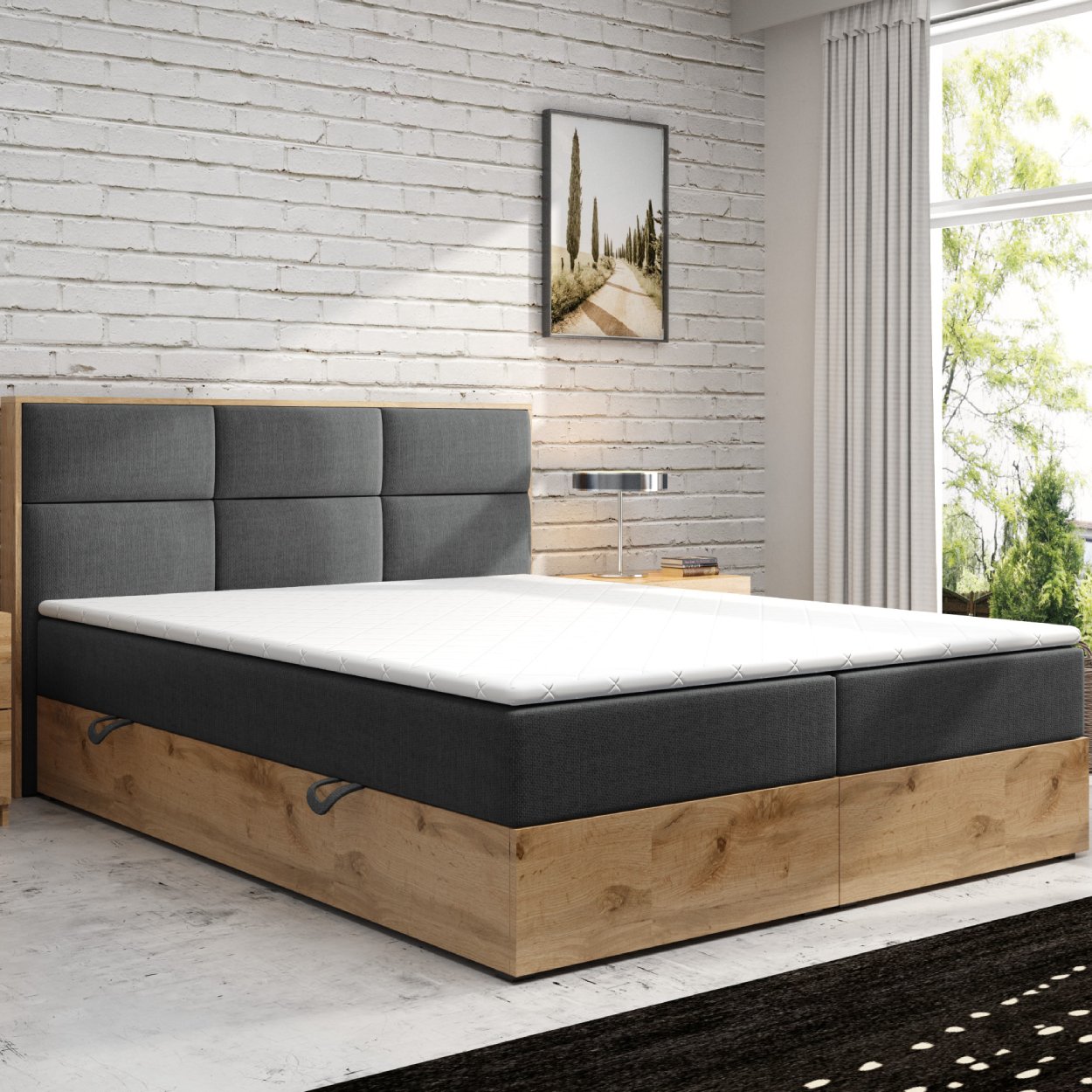 Boxspringbett LISSABON Eiche Holz mit Bettkasten 180 x 200 cm Webstoff Grau Anthrazit