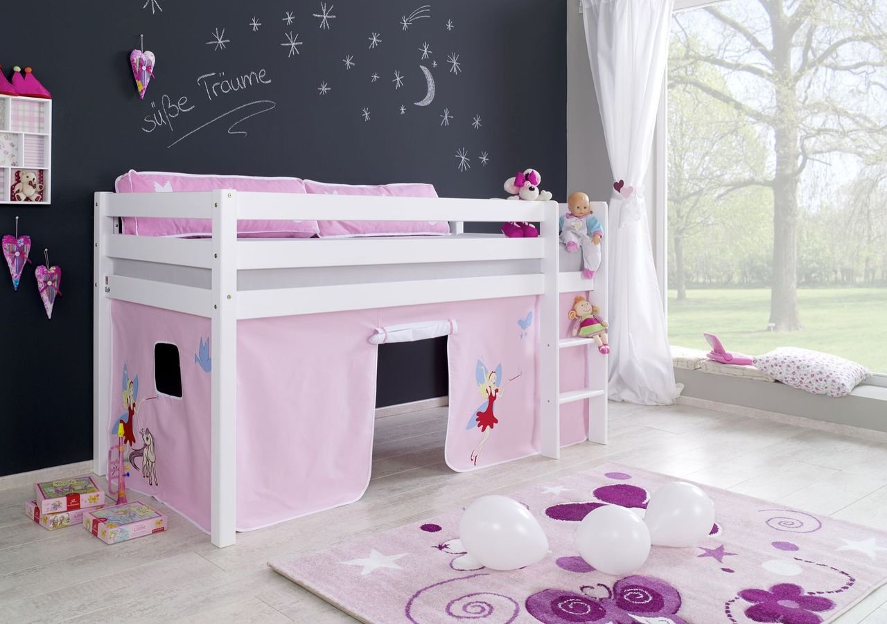 Thumbnail - Halbhohes Spielbett ALEX Buche massiv weiß lackiert mit Stoffset Vorhang Princess
