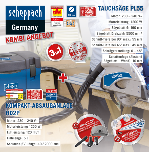 3in1 Kompakt-Absauganlage HD2P + 160mm Tauchsägen-Set PL55