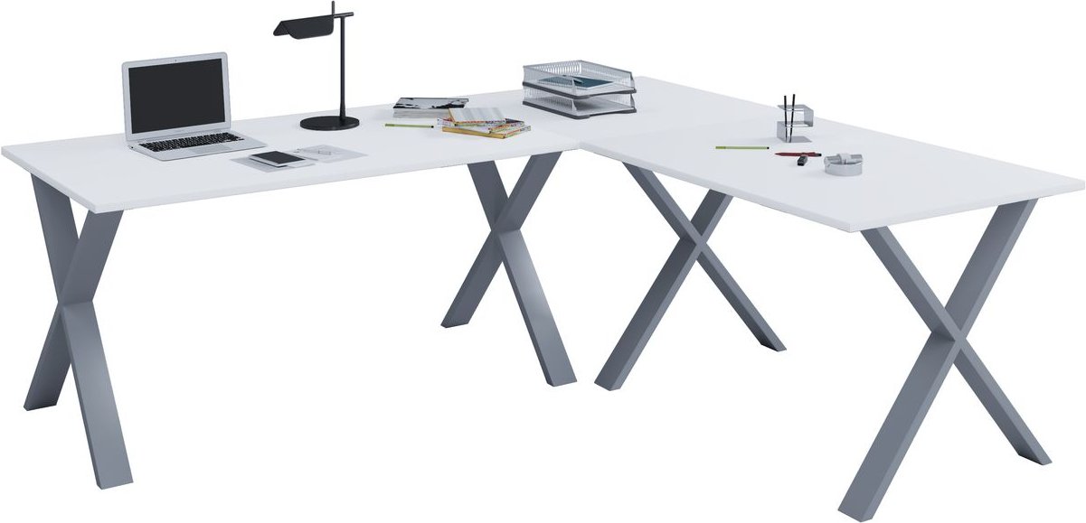 Eck-Schreibtisch "Lona" 190x160x80 X-Füße Weiß/Silber