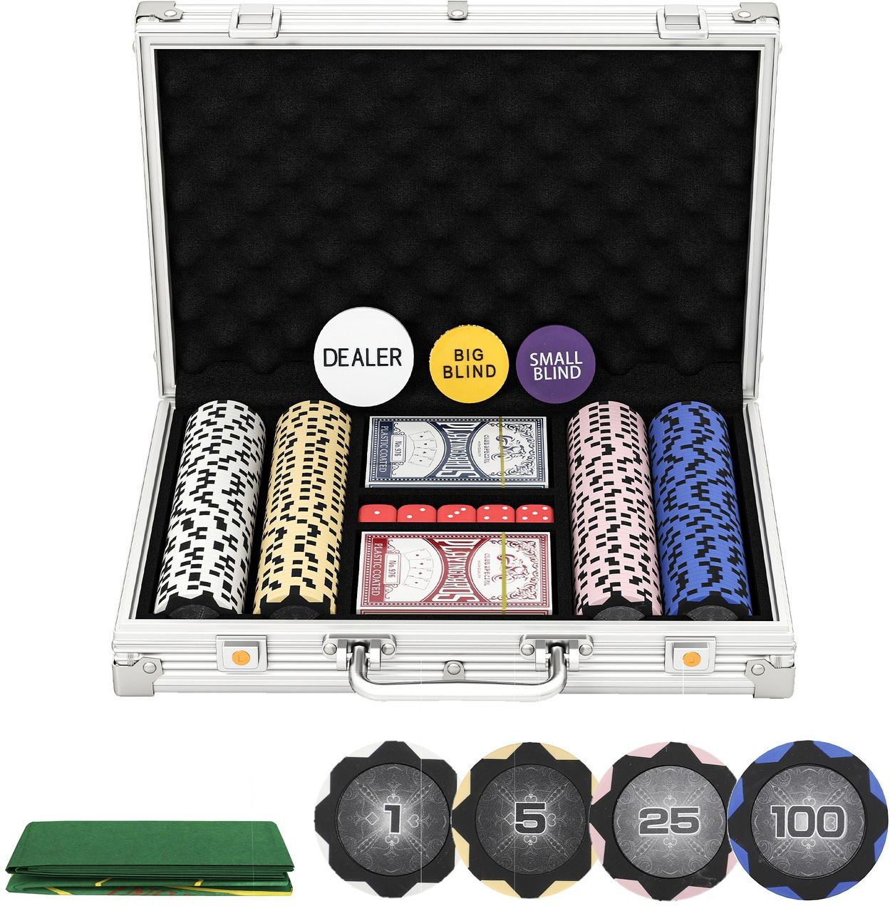 Pokerkoffer abschließbar Pokerset mit Koffer 200 Chips Karten 5 Würfel Button