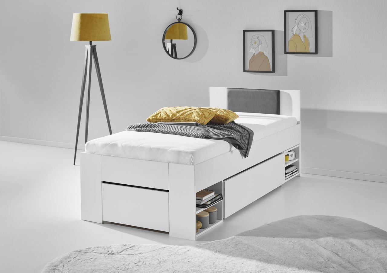 Stauraumbett 90x200cm m. Rolllattenrost, 2 Schubladen, Nako auf Rollen, Weiß
