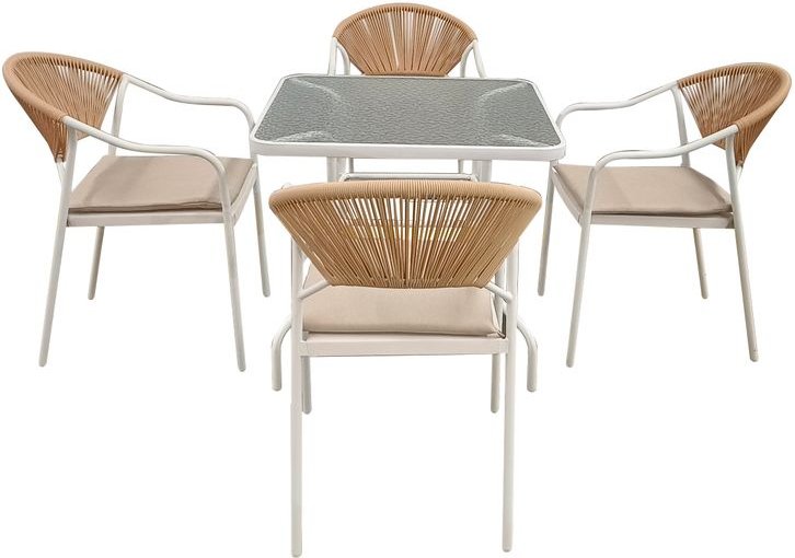 5tlg. Dining Set HGS34-BEI helles Rattan mit Sitzkissen in Beige