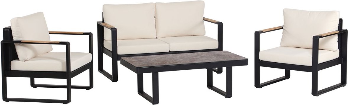 12tlg. Gartenmöbel Lounge-Set mit Sofa & Coffee Table aus Aluminium - Schwarz mit Teakholz