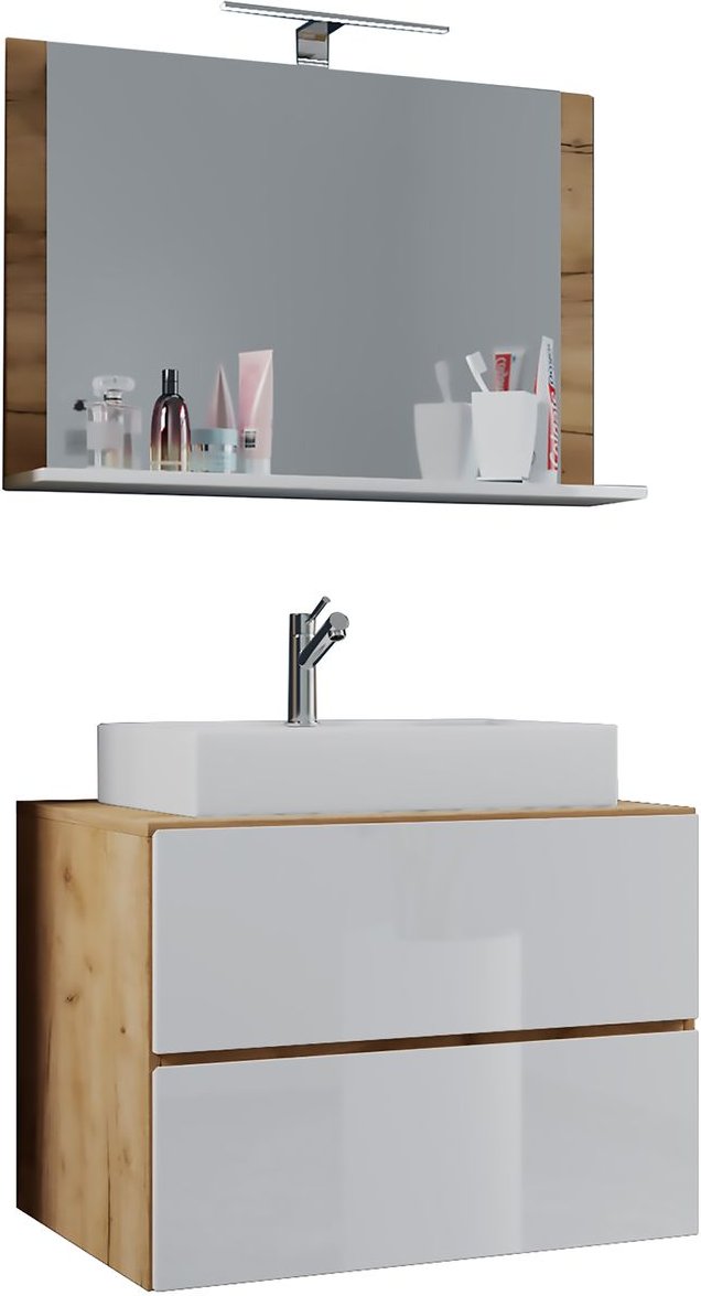 Badblock Lendas M 60cm Unterschrank + Spiegel Honig-Eiche/Weiß