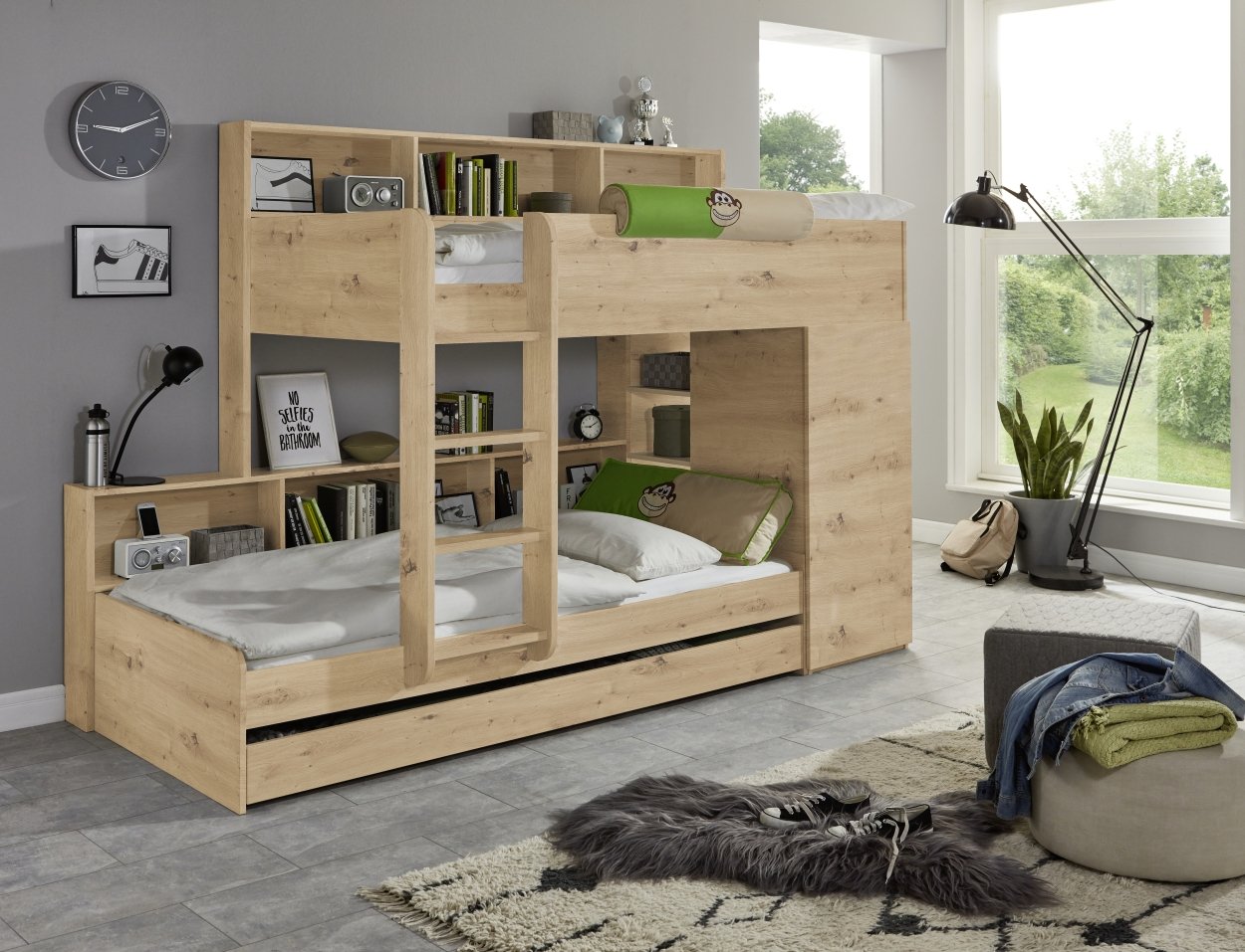 Etagenbett Sina 2 LF 90x200 cm, inkl. Kleiderschrank und Bettschublade, Dekor Eiche Artisan