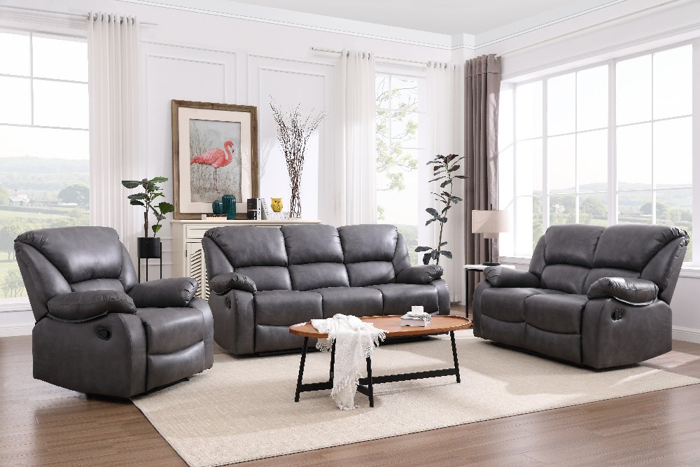 Thumbnail - 3 tlg. Relaxsofa-Set mit Relaxfunktionen in Lederoptik - Grau