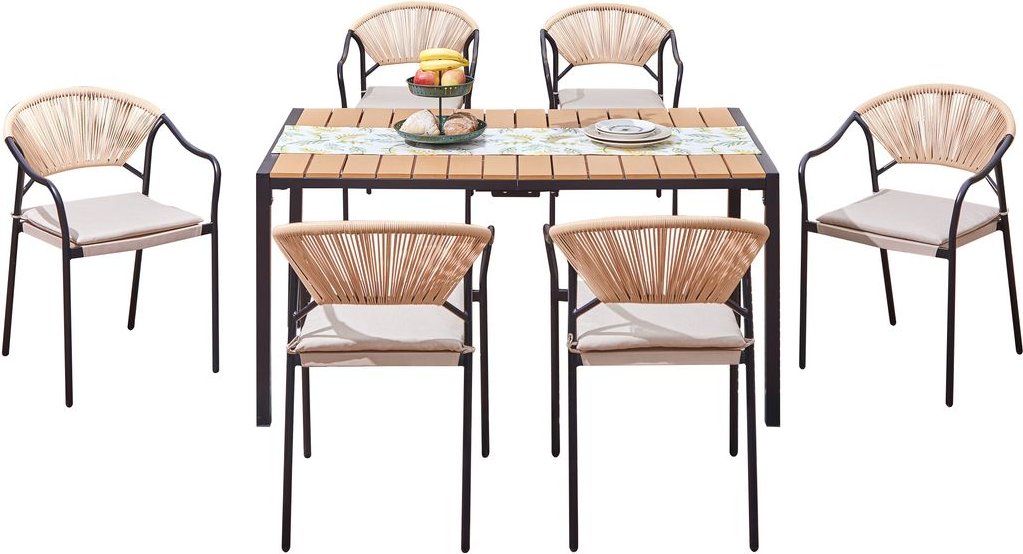 7tlg. Dining Set HGS33-BEI helles Rattan mit Sitzkissen in Beige