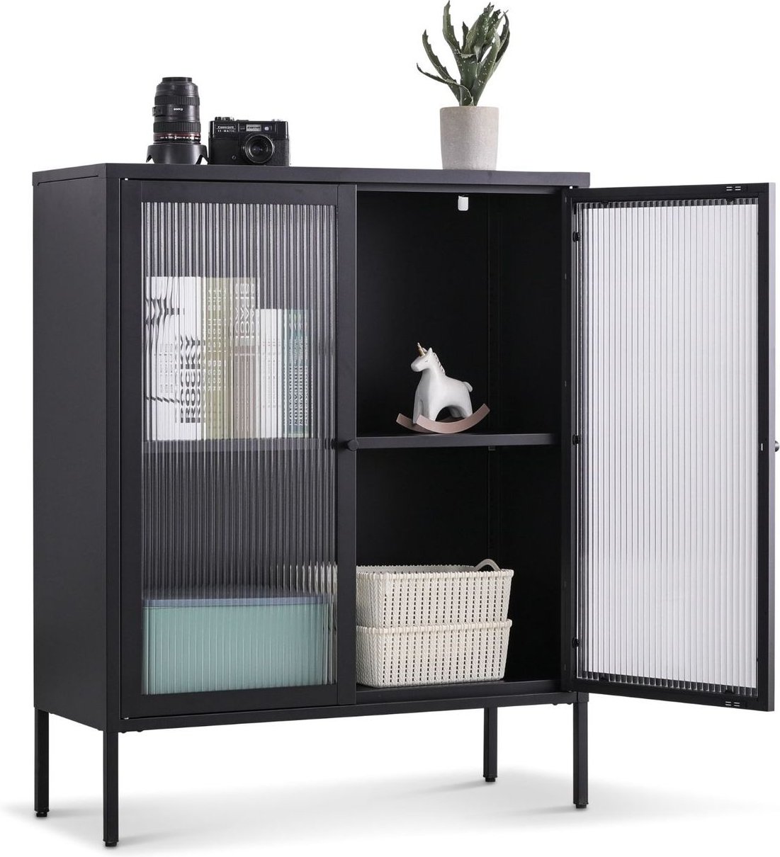 Highboard Tokio aus Metall in Schwarz mit Glastüren