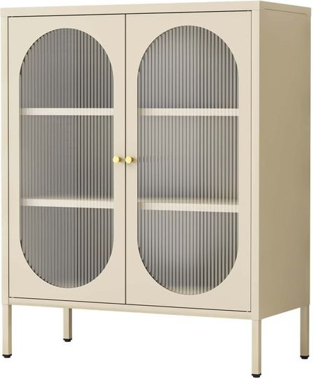 Metallschrank Sideboard mit Sicherheitsglas-Türen MORU, ca. 110 x 80 x 40 cm - Creme