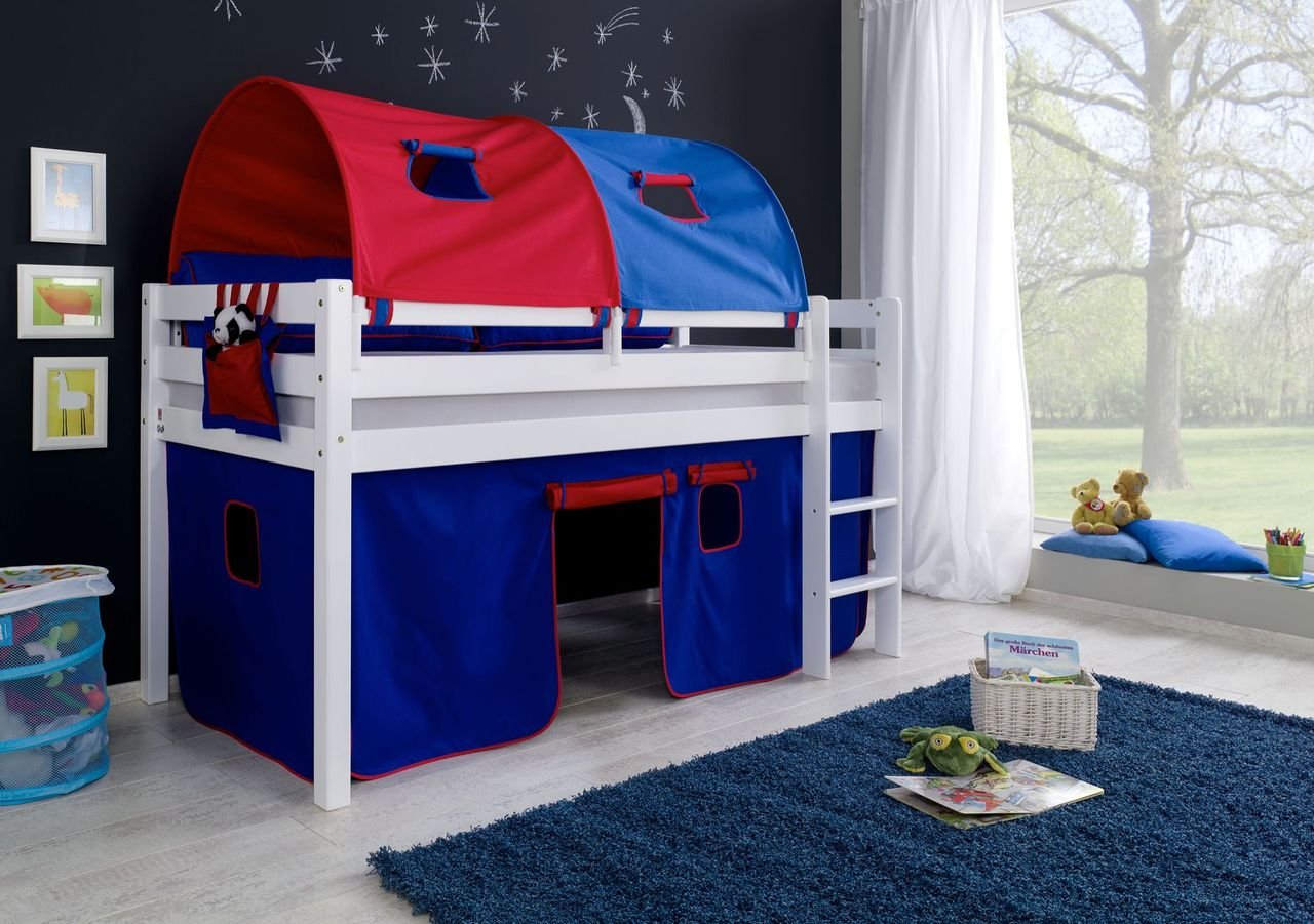 Thumbnail - Halbhohes Spielbett ALEX Buche massiv weiß lackiert mit Stoffset blau/rot
