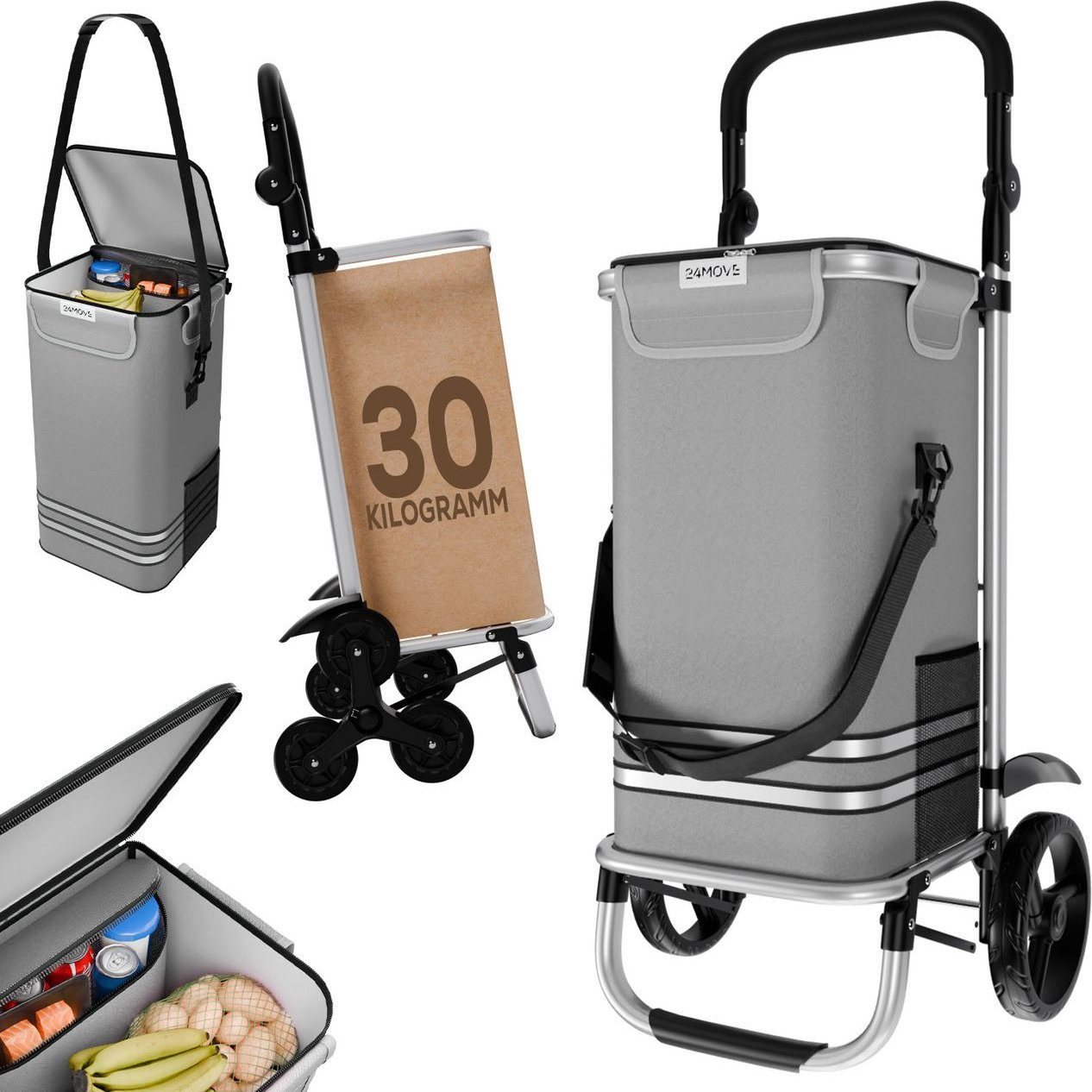 Einkaufstrolley Aluminium 55 L Volumen, 7 L Kühltasche, 30 kg Tragkraft, klappbar, grau