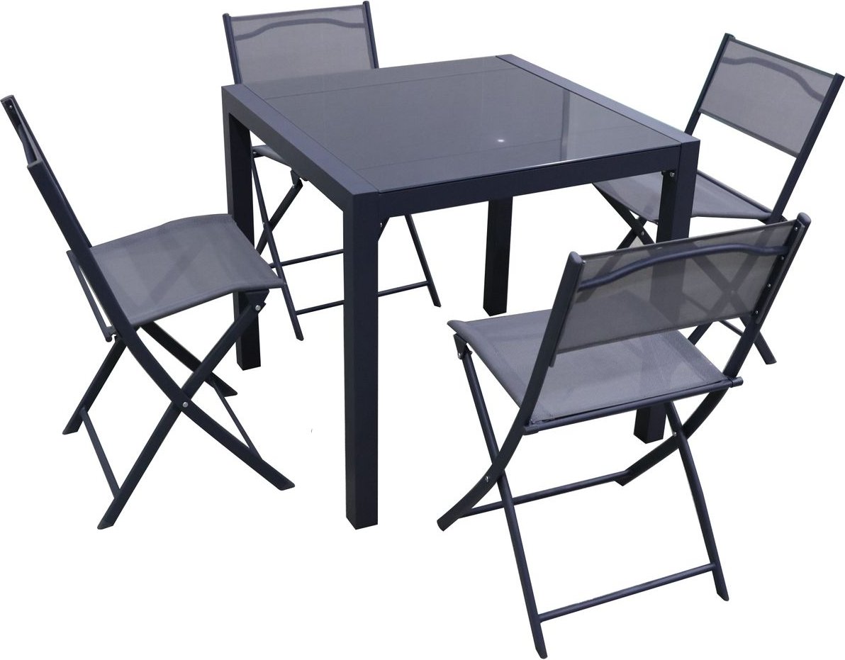 5tlg. Balkonset aus Aluminium mit 4 Stühlen & 1 Glastisch, klappbar - Anthrazitgrau