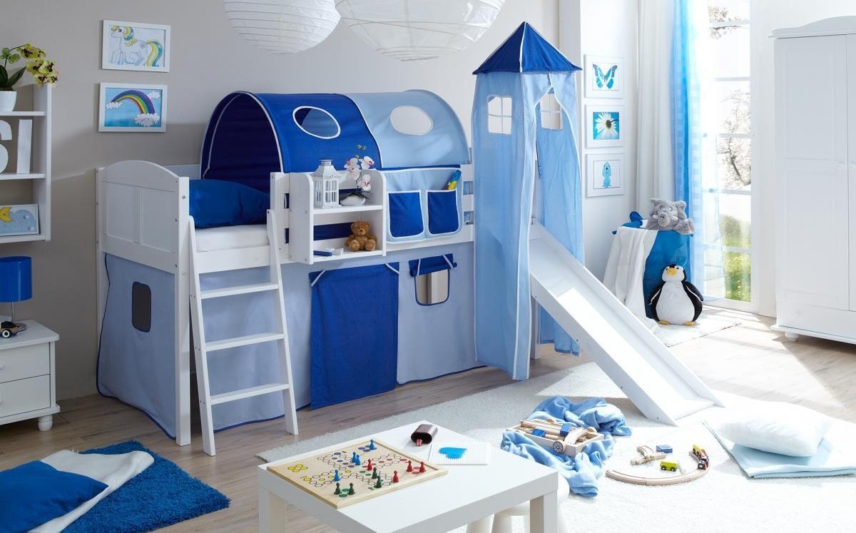 Rutschbett mit Turm "Ekki" Country Kiefer weiß "hellblau-dunkelblau"
