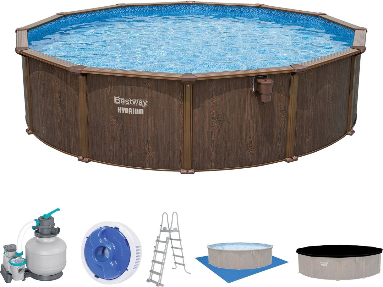 Hydrium™ Stahlwandpool Komplett-Set mit Sandfilteranlage Ø 549 x 132 cm, Holz-Optik, rund