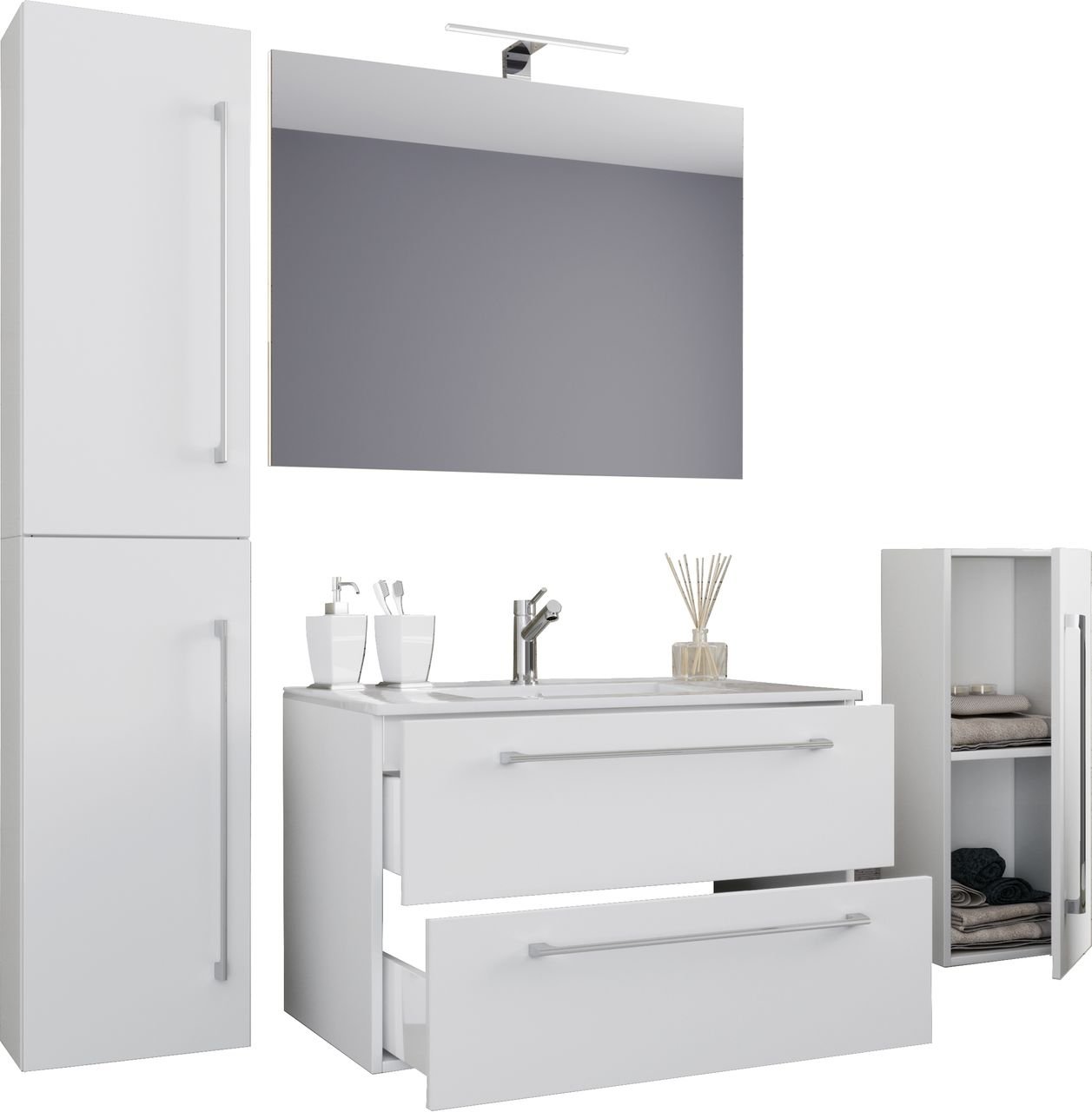 5-tlg. Waschplatz "Badinos 2 Schubfächer" 60 cm | Mit Spiegel und Midi- / Hochschrank Weiß