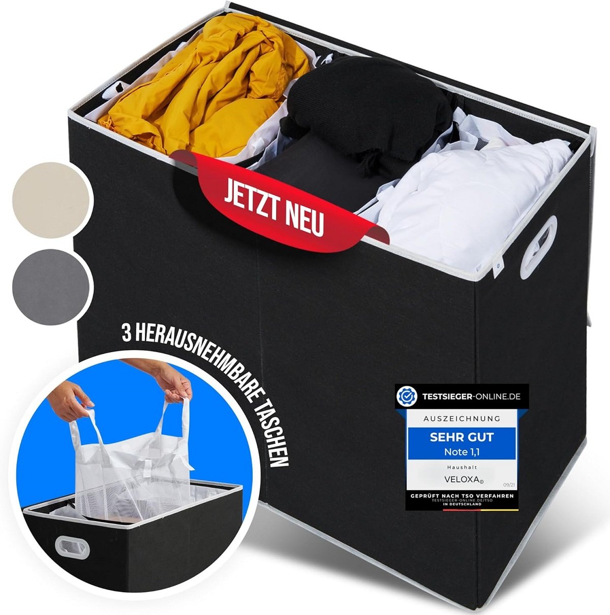 Wäschekorb 3 Fächer 156 L mit Deckel - Schwarz