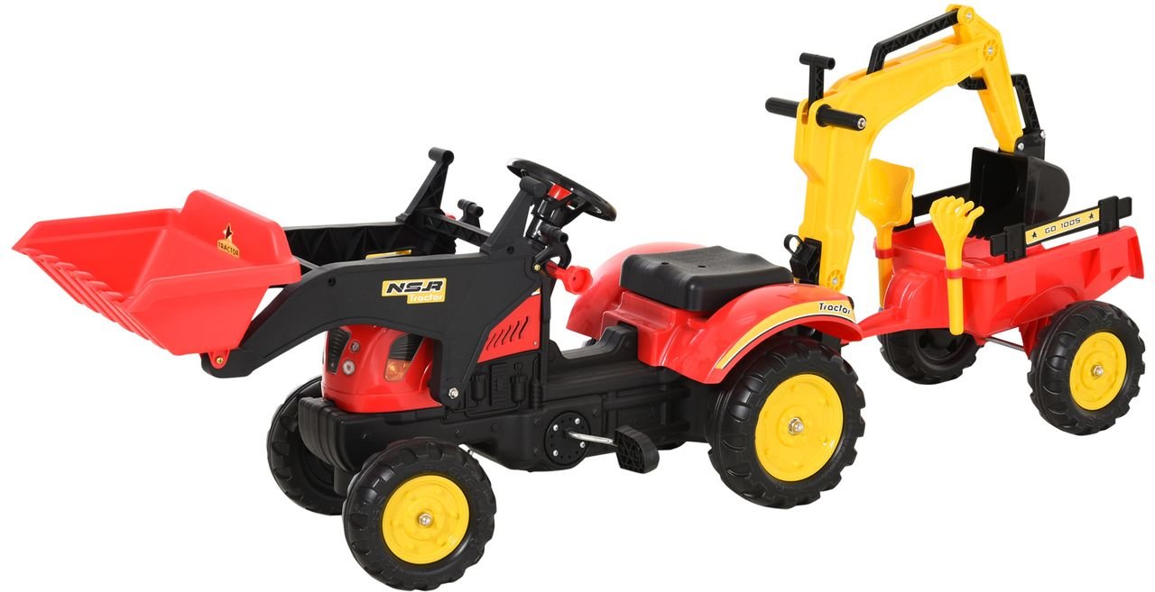 Trettraktor mit Anhänger Tretbagger Traktor mit Frontlader ab 3 Jahre Rot