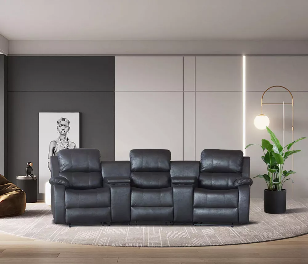 Home-Cinema 3-Sitzer mit Getränkehalter & Ablagefach, ca. 310 x 100 x 101 cm - Schwarz