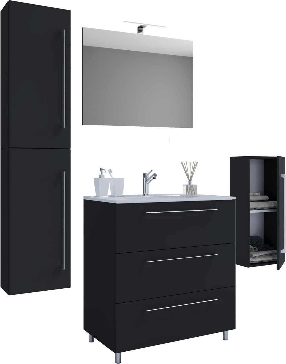 5-tlg. Stand-Waschplatz "Badinos 3 Schubfächer" 80 cm | Mit Spiegel + Midi-/Hochschrank Schwarz