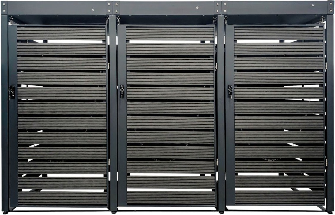 3er Mülltonnenverkleidung mit Pflanzdach aus verzinktem Stahl, ca. 196 x 80 x 124 cm - Anthrazit