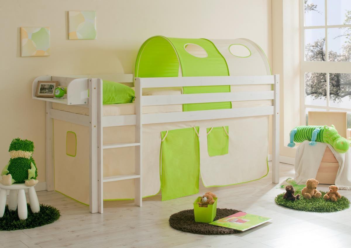 Hochbett "Malte" Kiefer weiß "beige-grün"