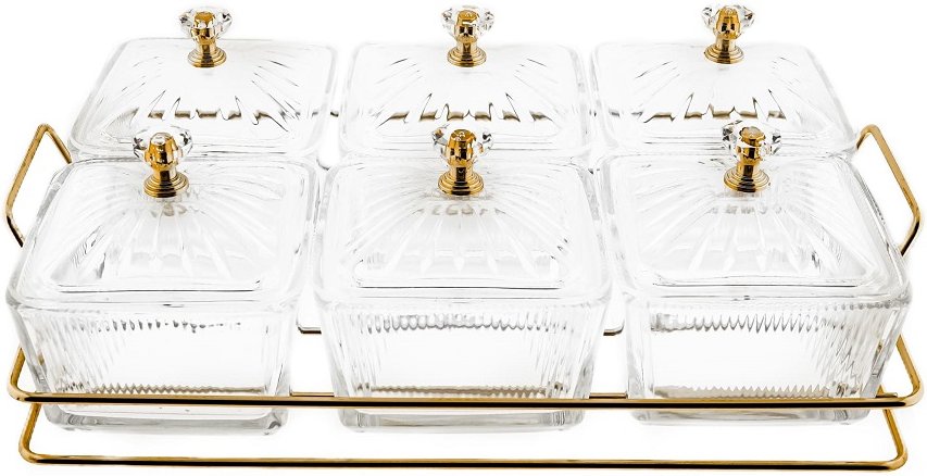 Glasbehälter Set 13-teilig – Mit goldfarbenem Ständer & Deckeln