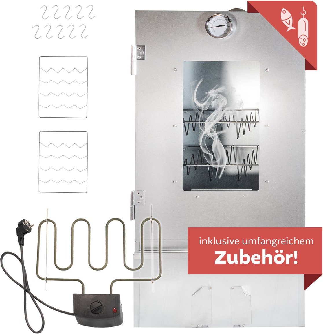 Räucherofen Stahl mit 3 Etagen und Heizspirale, 80cm hoch, Räucherschrank