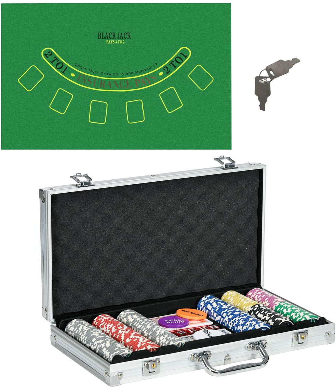 SPORTNOW Pokerkoffer Set, 300 Pokerchips 11,5 Gramm, Pokerset mit Schloss Silber