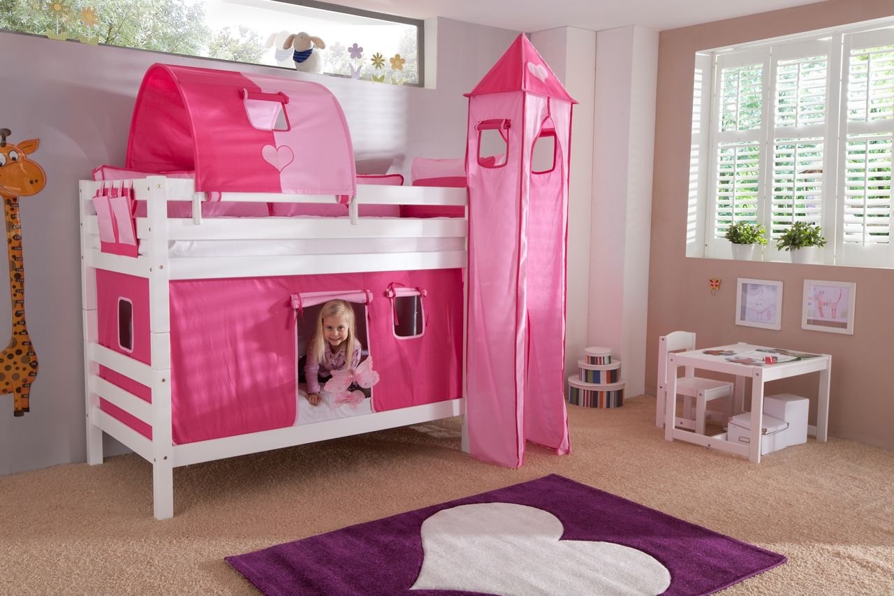 Etagenbett BENI Buche massiv weiß lackiert mit Textilset pink/rosa/herz