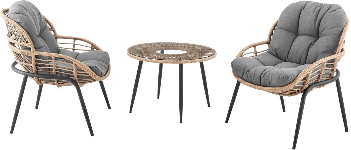 3 tlg. Dining-Set HGS39-GRA helles Rattan mit Sitzkissen in grau