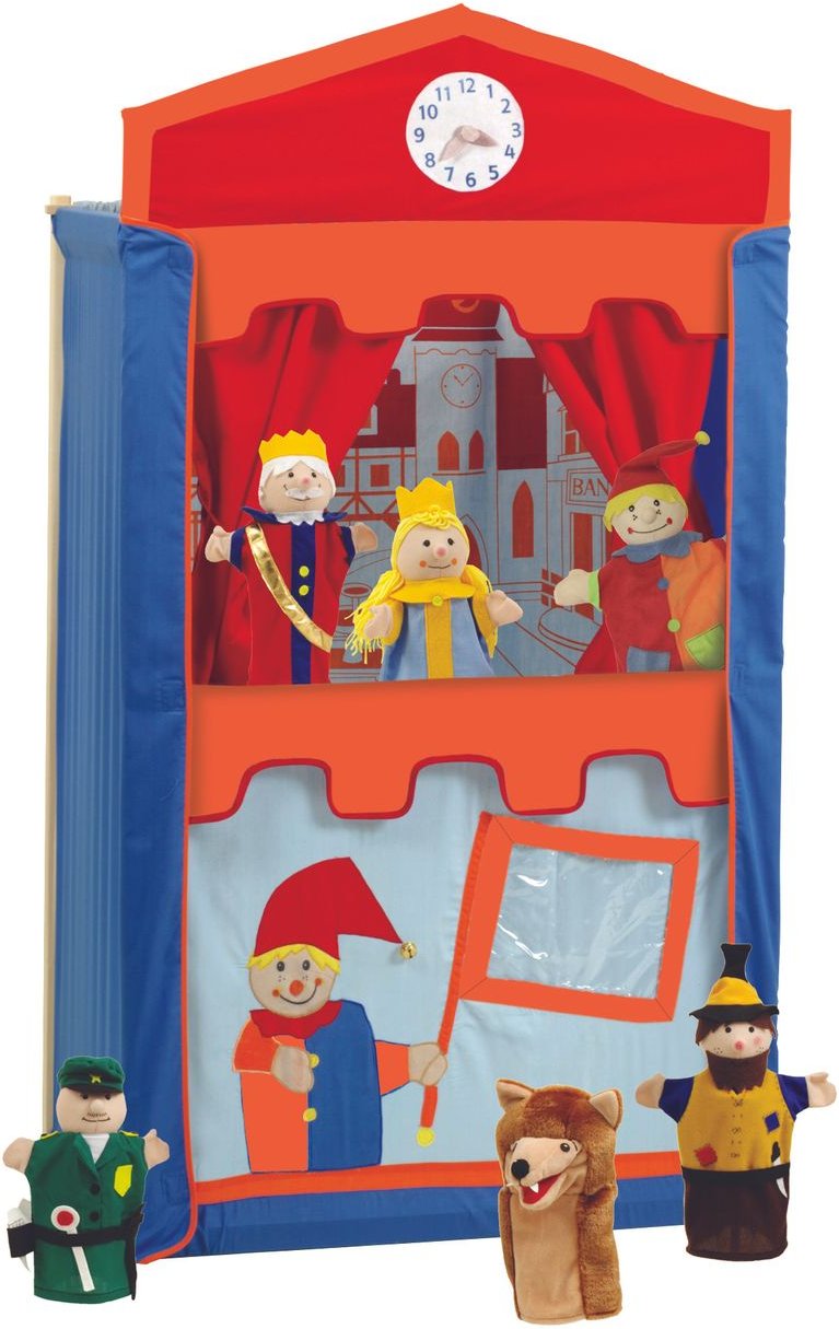 Kasperletheater, Puppentheater inkl. 6 Handpuppen, Kaspertheater aus Massivholz, freistehend