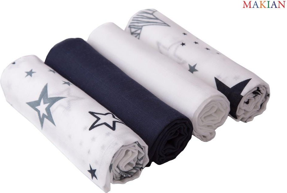 Thumbnail - Mullwindeln, 4er Set, Design Sterne/blau, 80x80cm