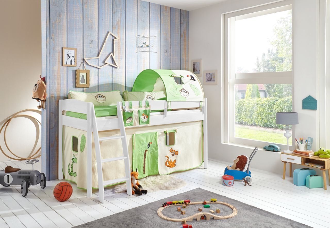 Halbhohes Bett MICHELLE 90x200 cm, Buche massiv weiß, inkl. Textilset (Vorhang, Tunnel) Dschungel