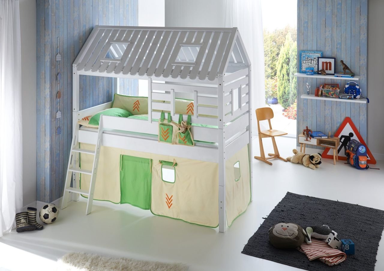 Spielbett Tom´s Hütte und Bett Kim Buche massiv weiß lackiert. Textilset Beige/Grün