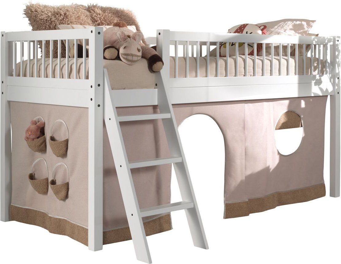 VIPACK - FAGUS weiß halbhohes Bett 90x200cm, inkl. Lattenrost, Textil-Set Vorhang, Buche massiv