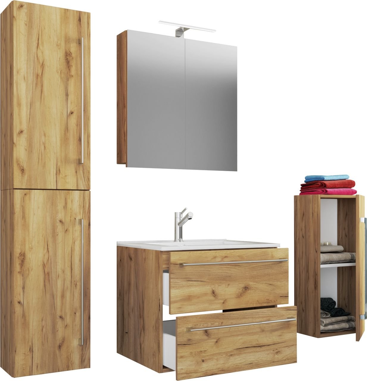 5-tlg. Waschplatz "Badinos 2 Schubfächer" Mit Spiegelschrank und Midi- / Hochschrank Honig-Eiche