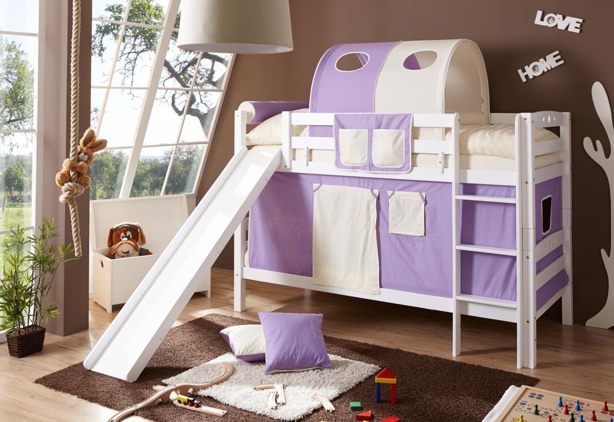 Etagenbett mit Rutsche "Lupo" Buche massiv weiß "lila-beige"