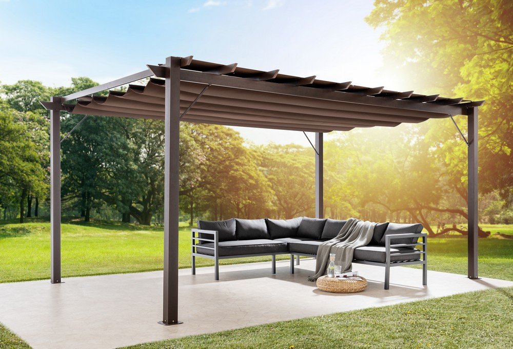 Aluminium-Pavillon mit verstellbarem Sonnensegel, ca. 350 x 505 x 236 cm – Walnuss